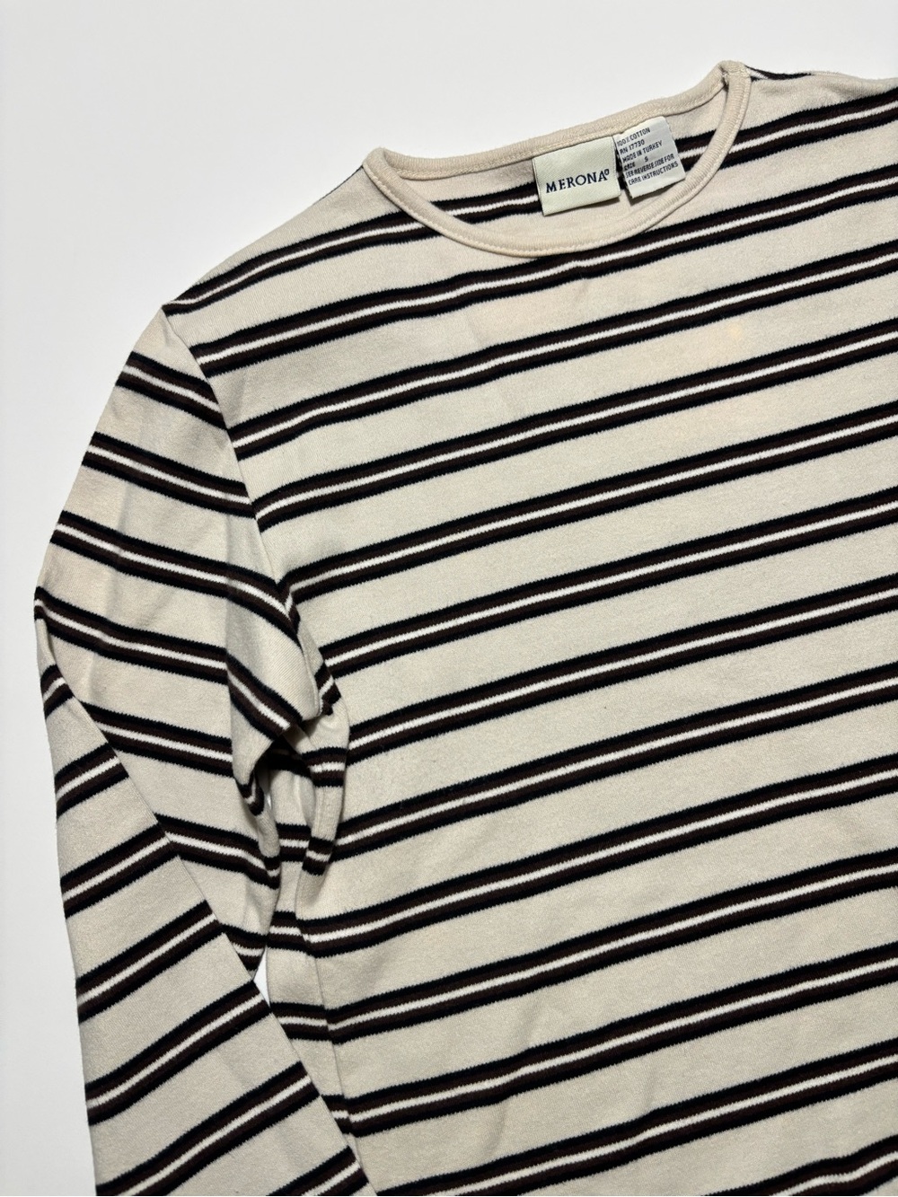 Merona White Brown & Black Striped Cotton Long Sleeve